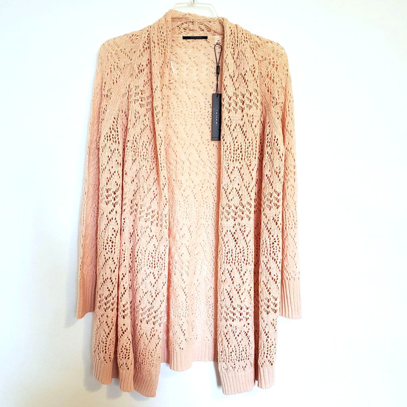 Tahari Long Cardigan SP Shimmer Blush Pink Open Crochet Knit Sweater Chic NWT - Picture 2 of 7